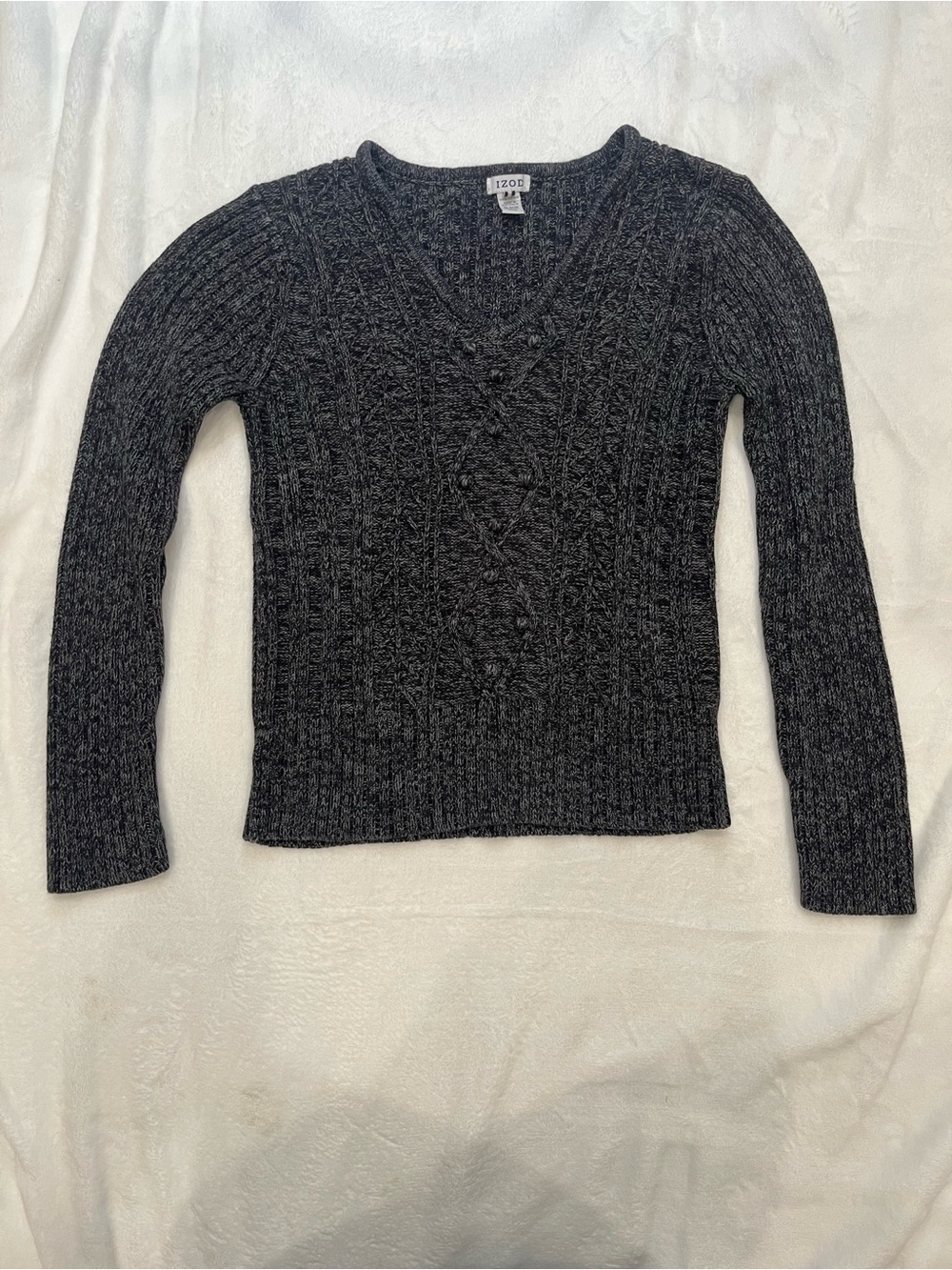 IZOD Sweater Womens M Gray 100% Cotton Cable Knit V Neck Pullover Vintage